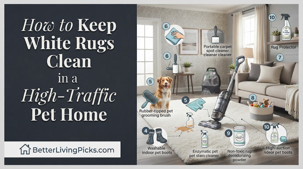 Modern living room featuring a white area rug, a friendly dog, and labeled maintenance tools including a vacuum, cleaning sprays, and brushes to manage pet messes.