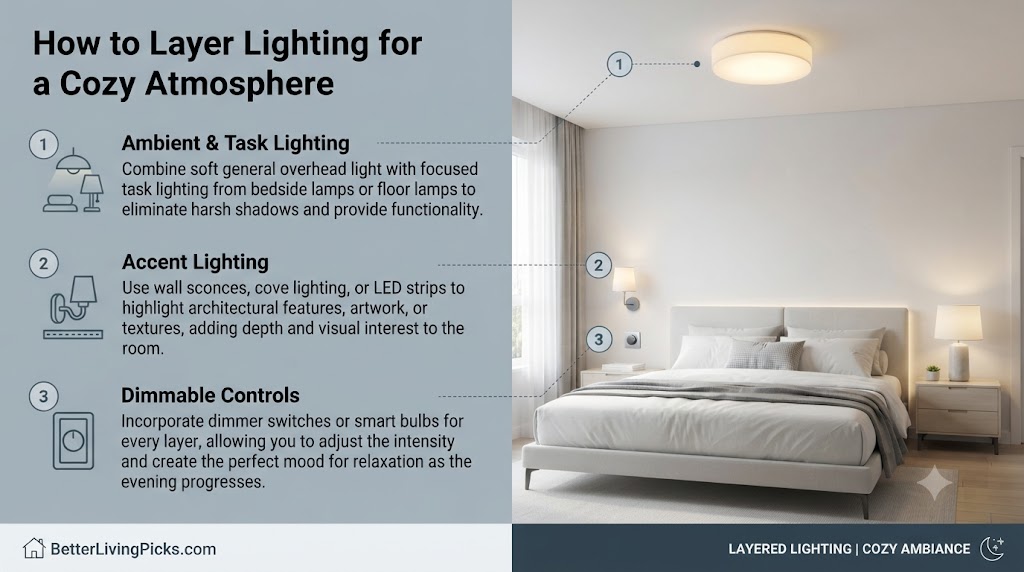 Bedroom infographic guide showing ambient, accent, and dimmable lighting layers for coziness.
