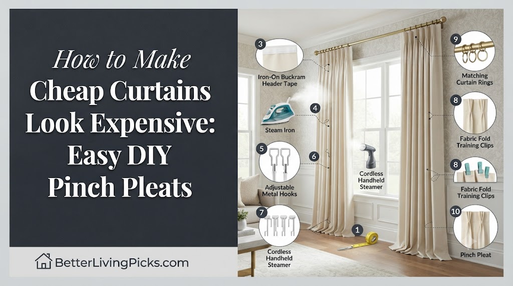 Modern living room featuring a window with high-end DIY pinch pleat curtains, displaying organized header tape, metal hooks, and tools used for the transformation.