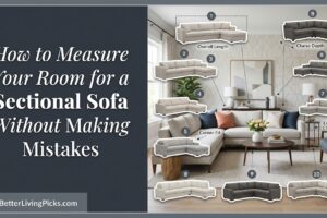 Modern living room featuring a geometric wallpapered wall and an infographic layout, detailing exactly where to measure for a sectional sofa.