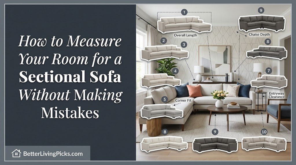 Modern living room featuring a geometric wallpapered wall and an infographic layout, detailing exactly where to measure for a sectional sofa.