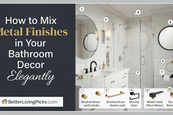 Modern bathroom featuring a curated blend of matte black faucets and brushed brass hardware with ten labeled product design examples.