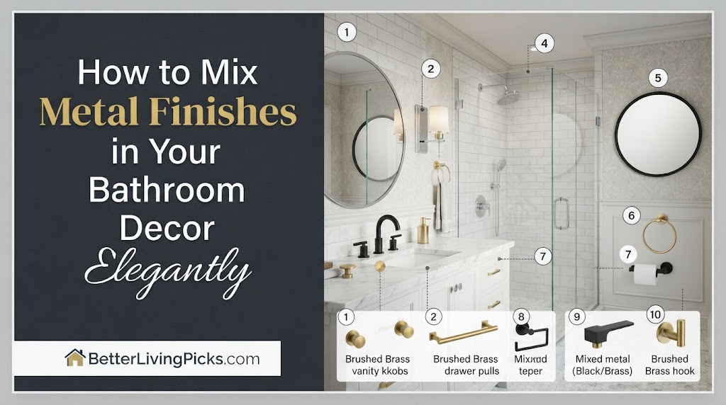 Modern bathroom featuring a curated blend of matte black faucets and brushed brass hardware with ten labeled product design examples.