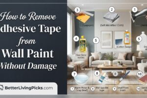 Modern living room featuring a step-by-step infographic guide displaying essential tools for safe adhesive tape removal from painted walls.
