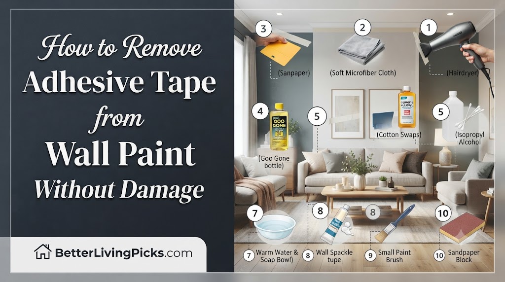 Modern living room featuring a step-by-step infographic guide displaying essential tools for safe adhesive tape removal from painted walls.
