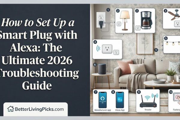 Split-screen graphic showing a modern living room setup with a smart plug connected to an Alexa-enabled home ecosystem, featuring numbered icons for router, apps, and reset procedures.