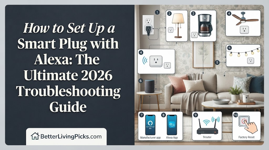 Split-screen graphic showing a modern living room setup with a smart plug connected to an Alexa-enabled home ecosystem, featuring numbered icons for router, apps, and reset procedures.