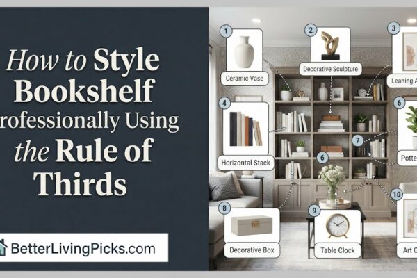 Modern living room featuring a professionally styled bookshelf organized using the Rule of Thirds with curated decor and labeled item callouts.
