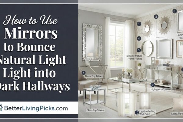 Modern living room featuring a strategic collection of decorative mirrors and glass-top furniture used to amplify and redirect natural sunlight.