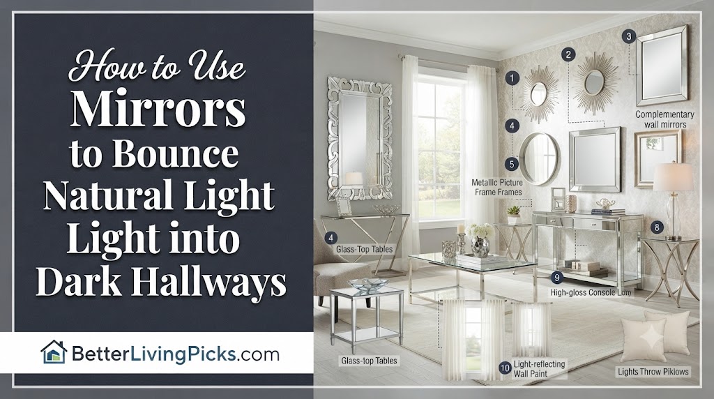 Modern living room featuring a strategic collection of decorative mirrors and glass-top furniture used to amplify and redirect natural sunlight.