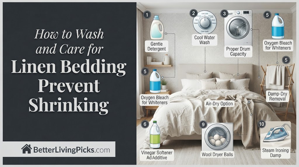 Infographic guide showing ten steps and products for washing linen bedding to prevent shrinkage, featuring a styled bedroom with numbered icons.