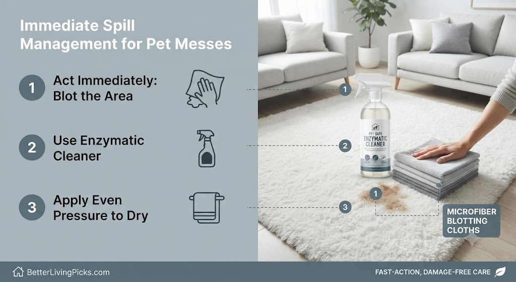 Split-screen infographic illustrating three steps for pet spill management on a white rug, with icons and product mockups including enzymatic cleaner and cloths.