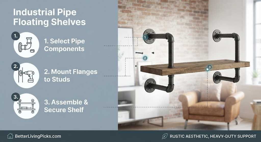 Modern living room featuring industrial pipe floating shelves installed on a brick wall, displayed with illustrative step-by-step assembly icons and a warm, inviting interior backdrop.