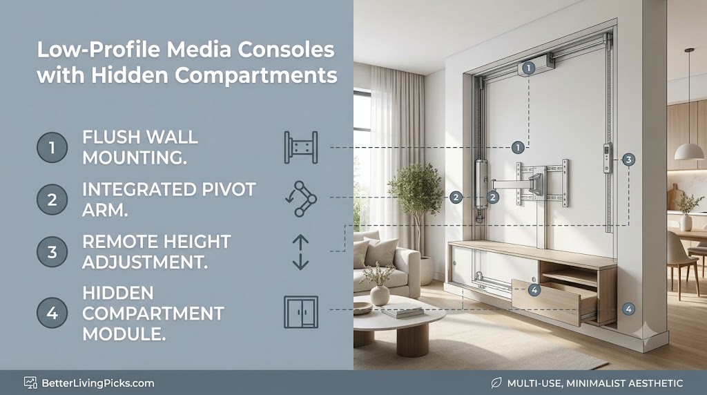 Modern living room featuring a low-profile media console integrated with a motorized hidden compartment and art lift system, displayed on a professional infographic with numbered points.