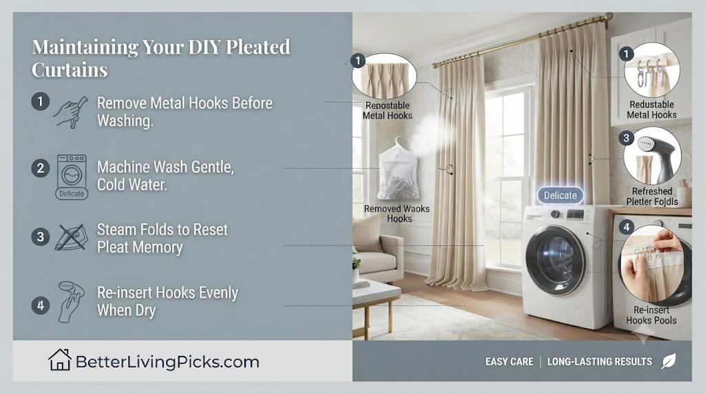 Modern laundry room featuring clean pleated curtains alongside annotated callouts detailing hook removal, washing instructions, steaming, and re-insertion.