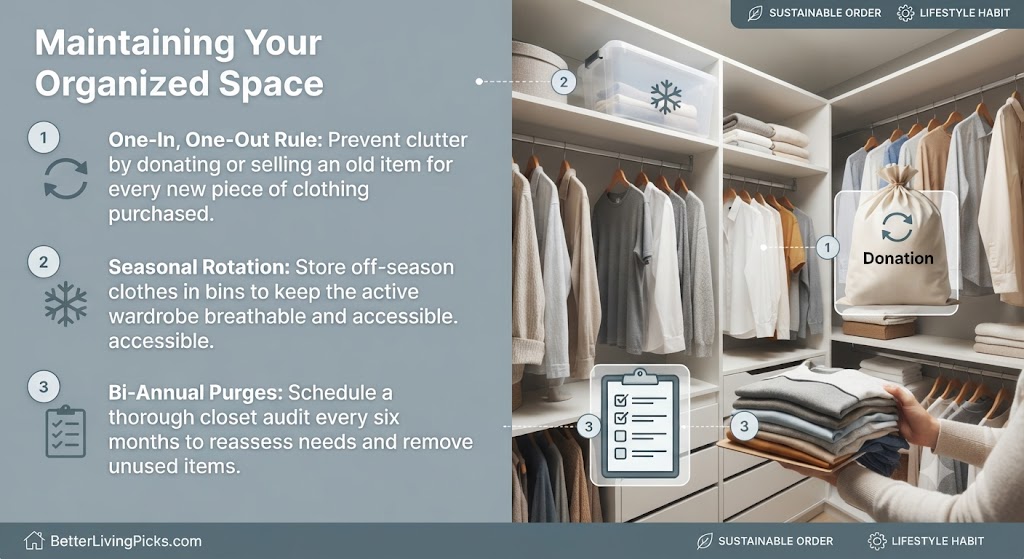 Modern reach-in closet featuring a split-screen design with organization maintenance steps on the left and a functional storage lifestyle scene on the right.