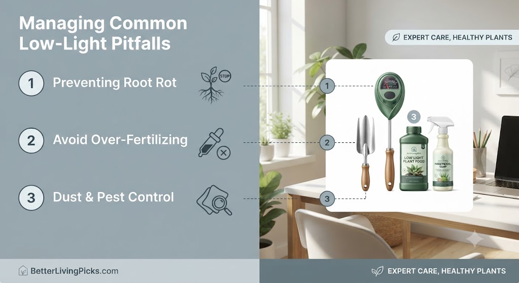 Modern sunlit home office featuring an informational panel about low-light plant care and a product illustration of care tools.