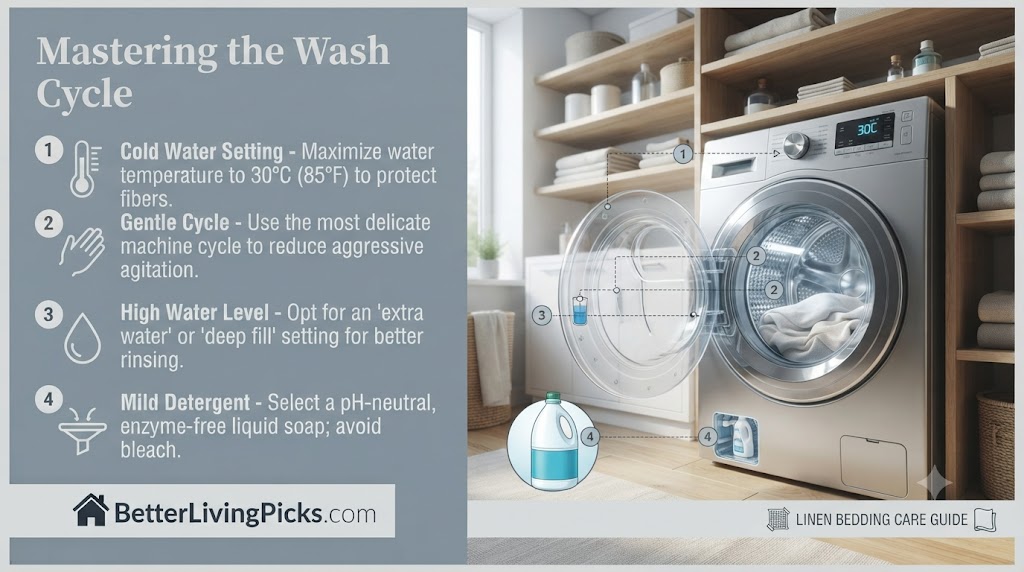 Split-screen infographic illustrating four steps for washing linen bedding: cold water, gentle cycle, high water level, and mild detergent, with visual callouts to a washing machine.