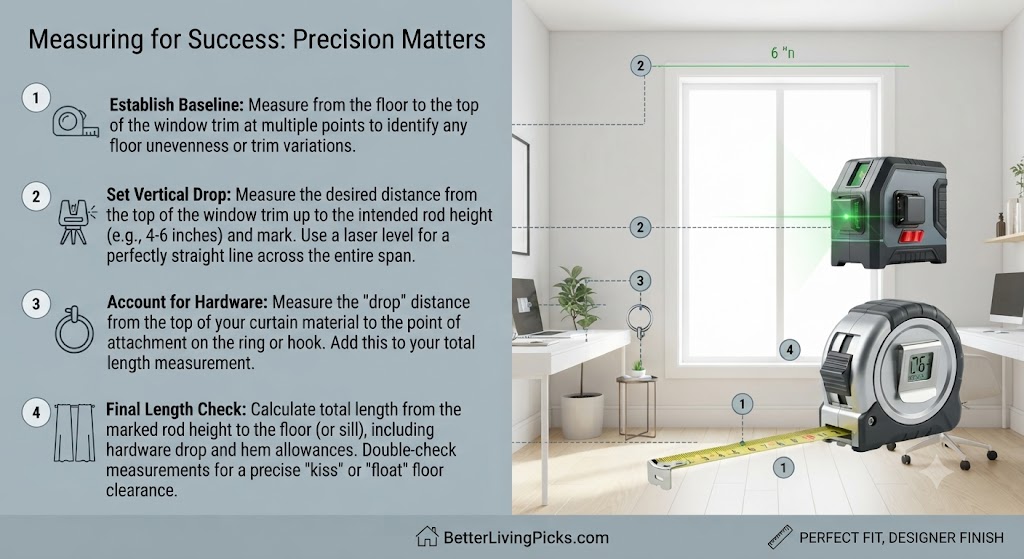 Bright home office interior featuring a laser level, digital tape measure, and infographic callouts detailing step-by-step window curtain measurement techniques.