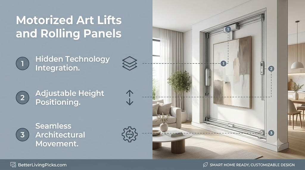 Modern living room featuring a motorized art lift system concealing a television with a sliding decorative panel.