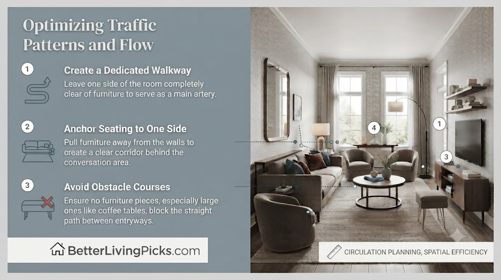 Modern living room featuring a traffic flow analysis with numbered points highlighting clear walking paths, furniture placement, and spatial zoning for improved circulation.