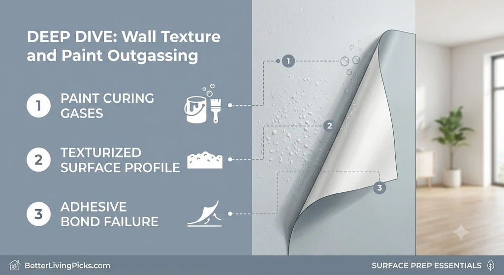 Diagram explaining how wall texture, paint curing, and adhesive quality can cause bubbles in peel-and-stick wallpaper.