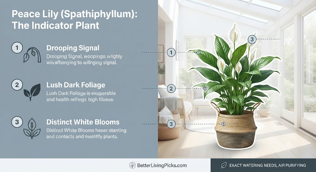 Sunlit living room featuring a Peace Lily plant in a basket with numbered care points and icons on a gray sidebar.