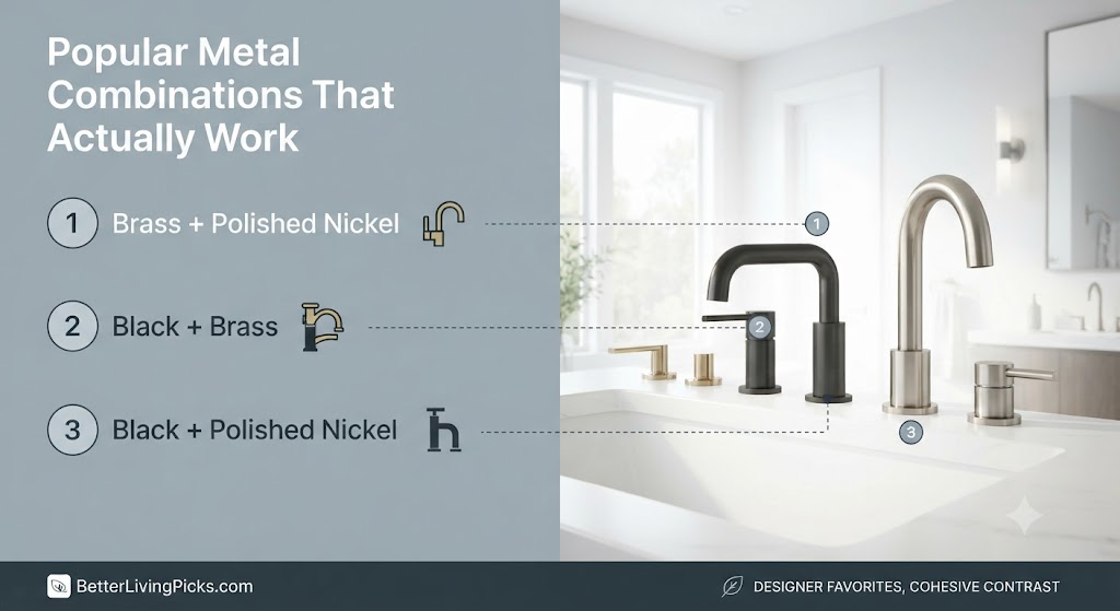 Modern bathroom featuring brushed nickel, matte black, and brass faucet combinations with labeled design points.