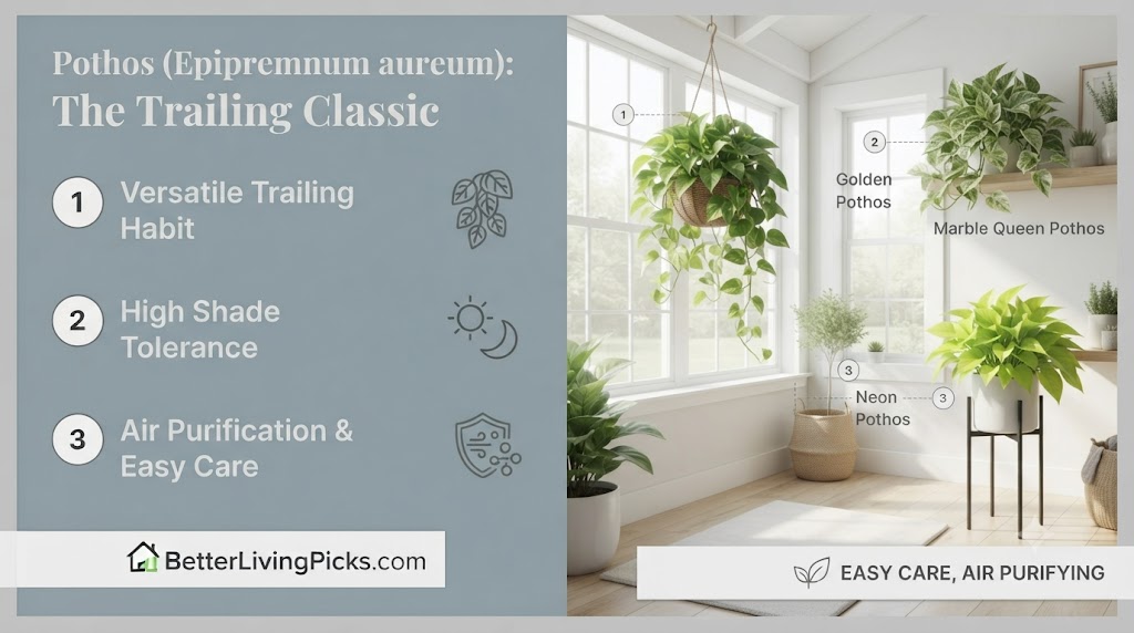 Sunlit living room featuring three varieties of Pothos plants with numbered care points and icons on a gray sidebar.