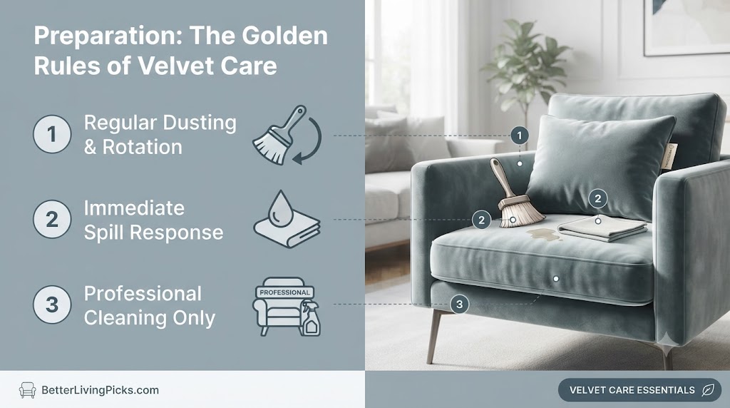 Close-up of professional upholstery cleaning tools including a soft brush, microfiber cloths, and a steamer arranged on a clean, modern table.