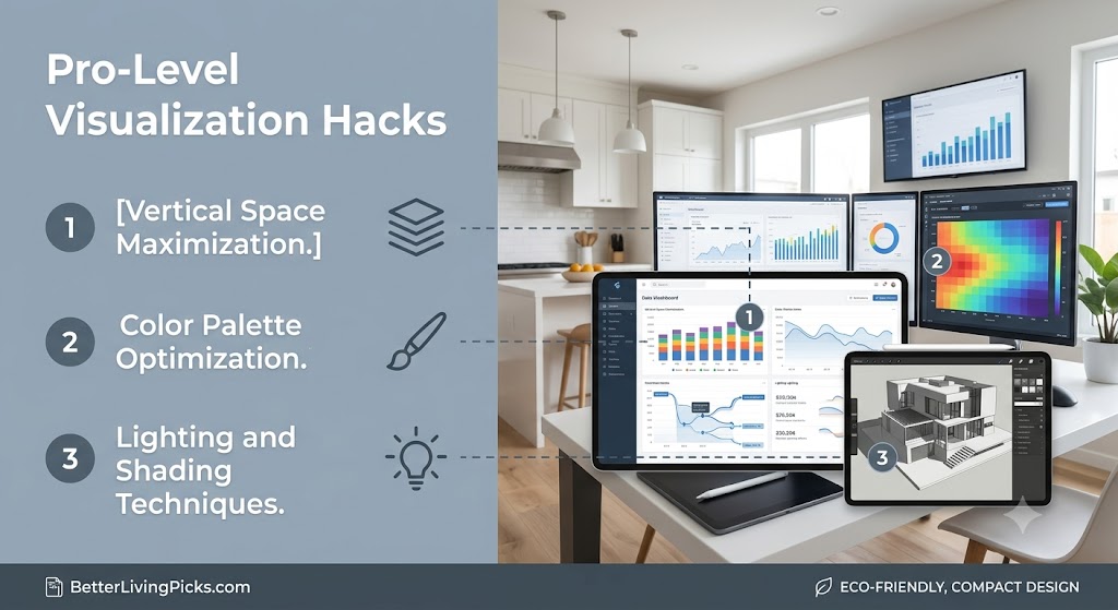 Modern office workspace featuring multiple monitors displaying data visualizations and charts, paired with an infographic detailing Pro-Level Visualization Hacks like space maximization and color optimization.