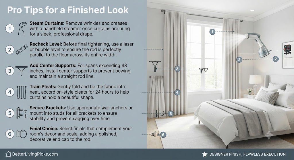 Serene bedroom interior featuring professionally hung curtains, a handheld fabric steamer, and infographic callouts detailing essential installation finishing techniques.