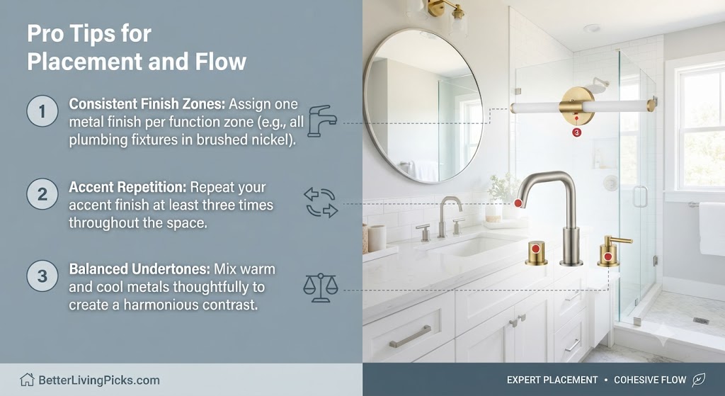 Modern bathroom interior featuring organized metal hardware zones with labeled placement and flow strategy points.