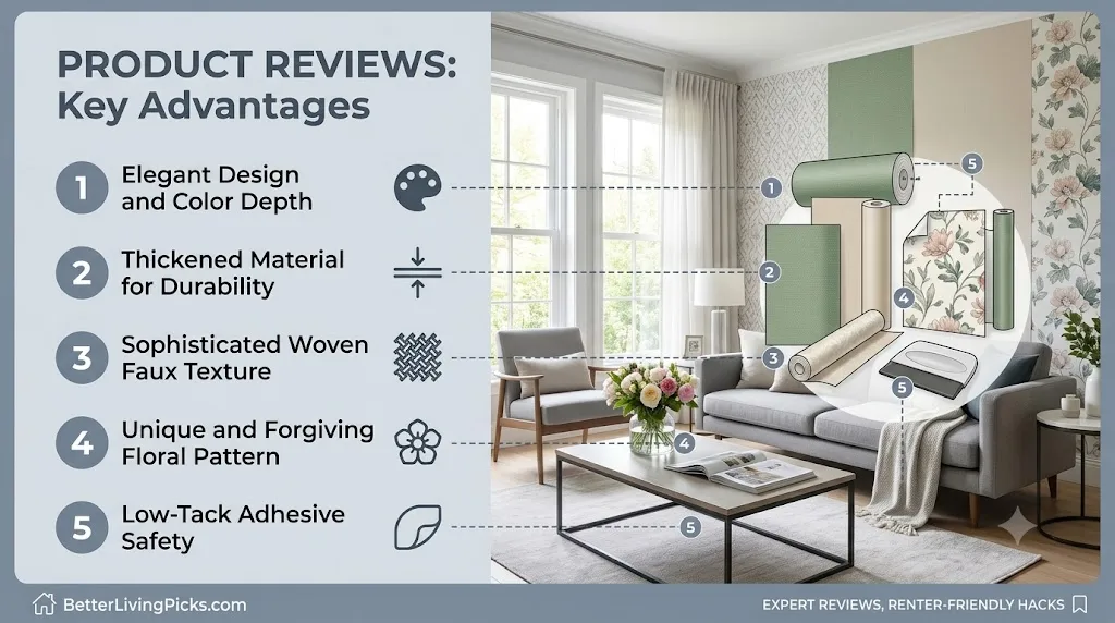 Infographic guide featuring a product review summary panel next to a modern living room setting with numbered wallpaper swatches.