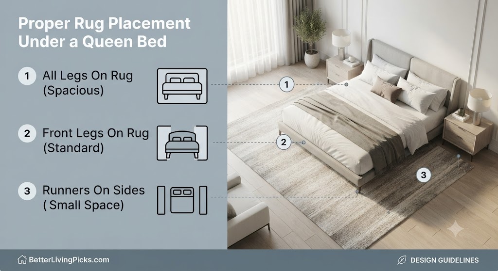 Modern bedroom interior featuring queen bed with infographic numbered callouts for three distinct rug placement techniques.
