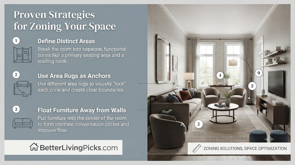 Modern living room featuring a layout zoning guide with numbered strategies for defining spaces, anchoring area rugs, and floating furniture with clear annotation paths.