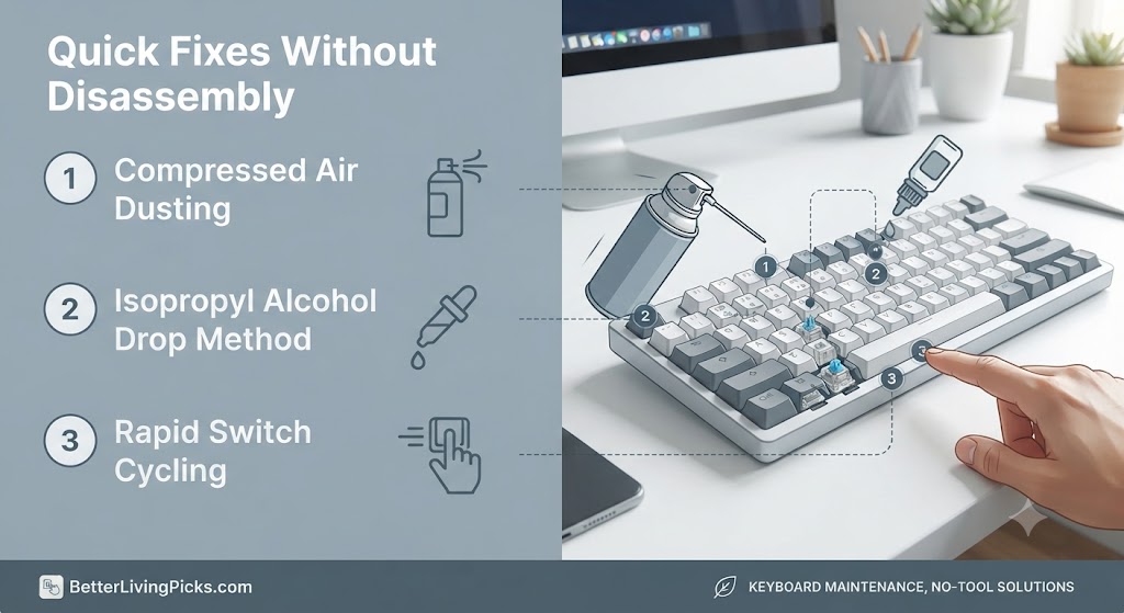 Split-screen graphic showing mechanical keyboard maintenance with compressed air, alcohol, and finger-press cycling on a clean desk workspace.