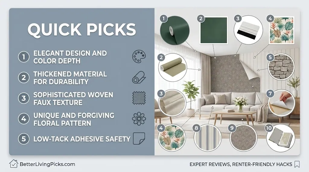 Infographic chart displaying a light slate-gray benefit list panel next to a modern living room setup.