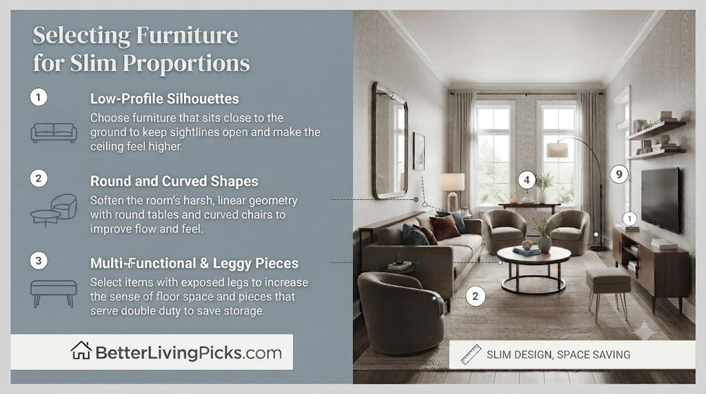 Modern living room featuring a selection guide for low-profile, curved, and multi-functional furniture with numbered technical annotations.