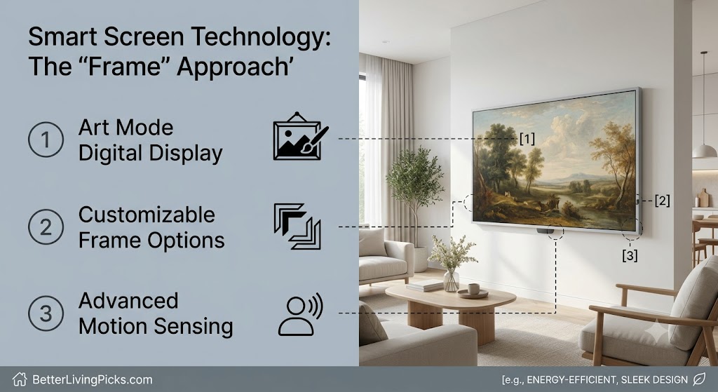 Modern living room featuring a wall-mounted 'The Frame' TV displaying digital art and interlinking technical diagrams detailing its three primary technology modules.