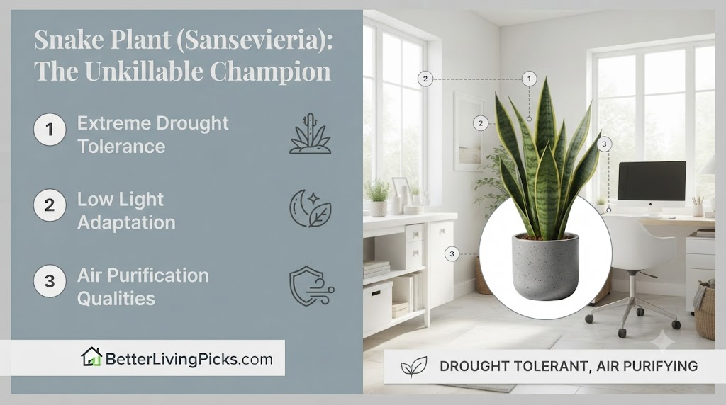 Modern office featuring a Snake Plant with numbered care points and icons on a gray informational panel.