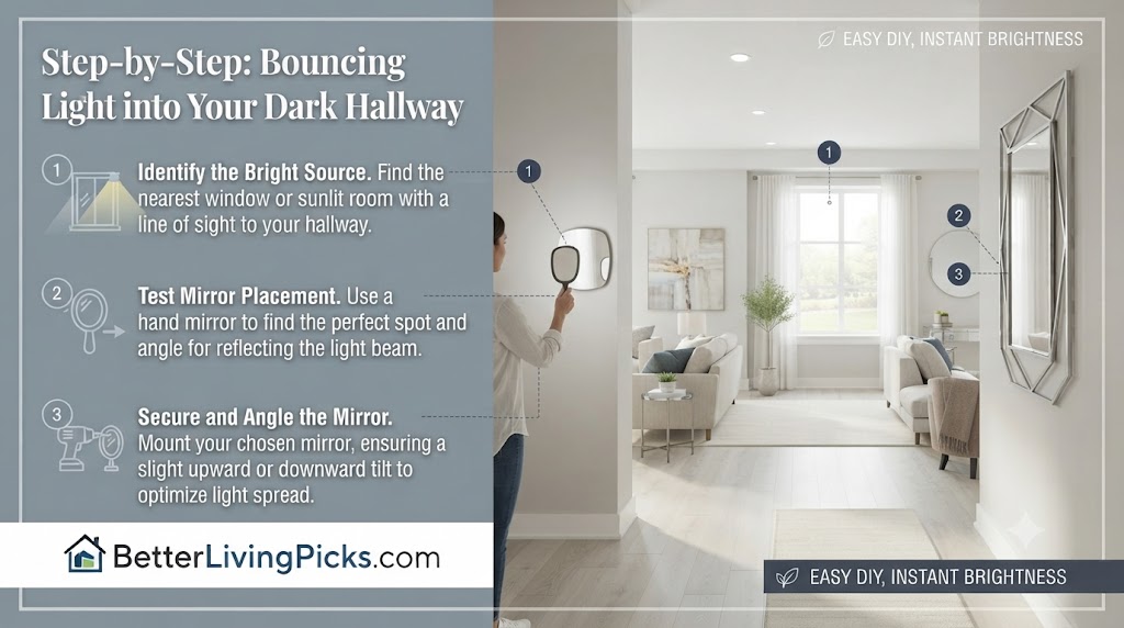 Modern hallway interior featuring a person using a hand mirror to test light reflection angles for optimal placement of decorative wall mirrors.