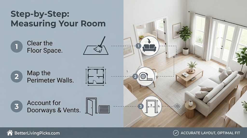 Modern living room featuring overhead perspective, numbered measurement steps, and furniture layout icons on a light slate-gray infographic panel.