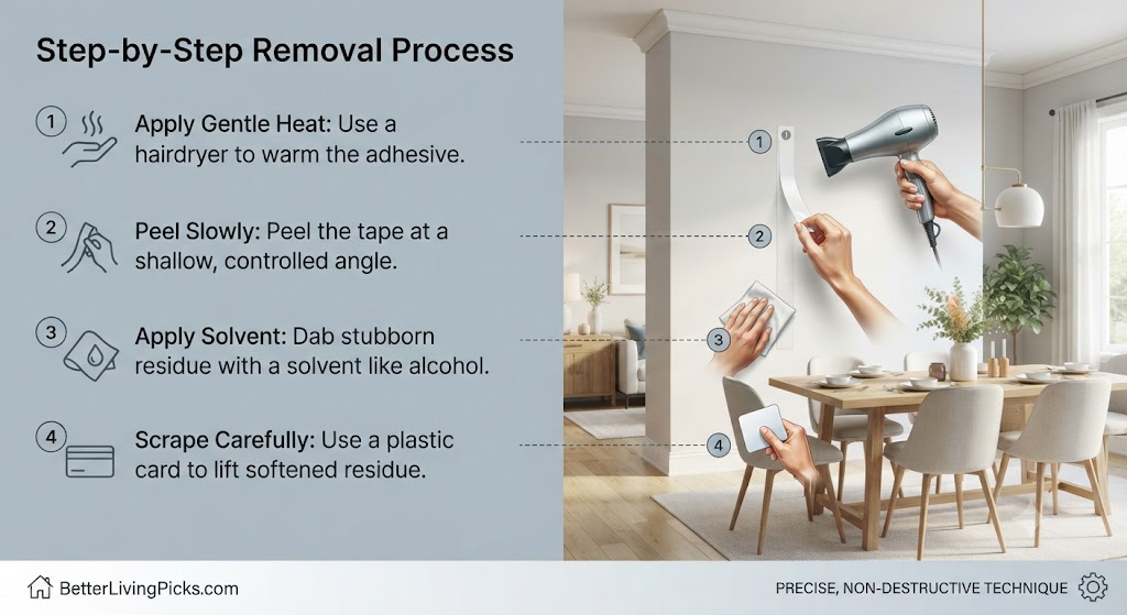Modern dining room featuring a step-by-step infographic guide demonstrating heat application, slow peeling, solvent use, and careful scraping for damage-free adhesive removal.