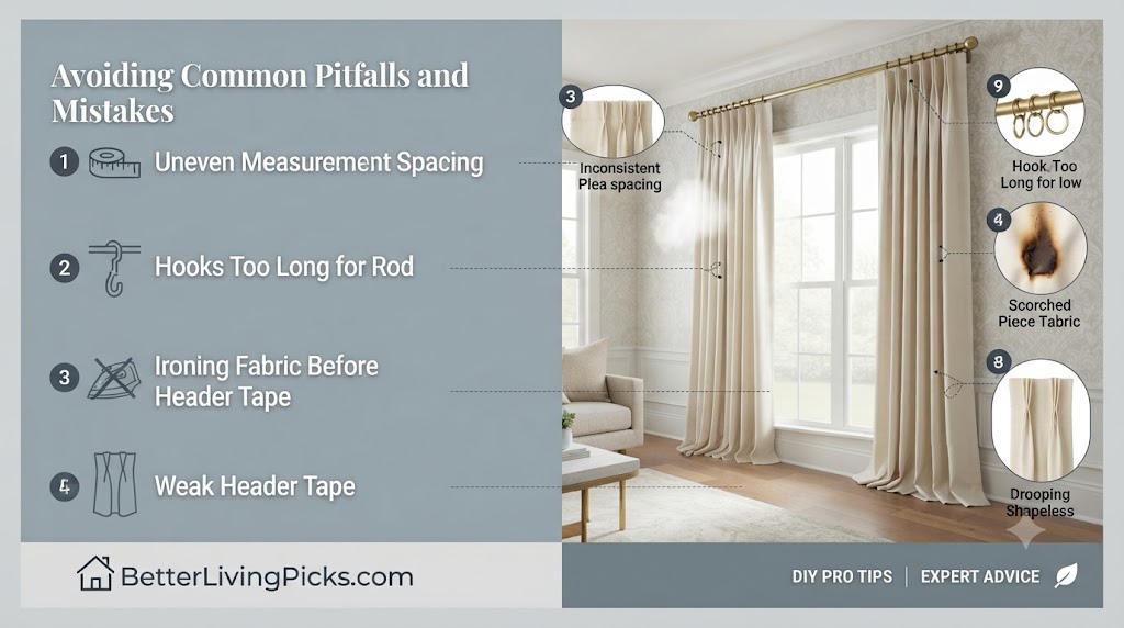 Split-screen infographic comparing a three-step no-sew pinch pleat tutorial with a photo of the finished bedroom curtains.