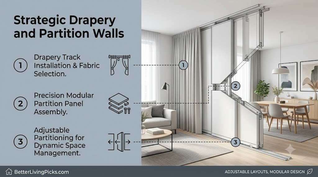 Modern living room and dining area split-screen infographic with technical diagrams of a motorized curtain and a modular partition system.