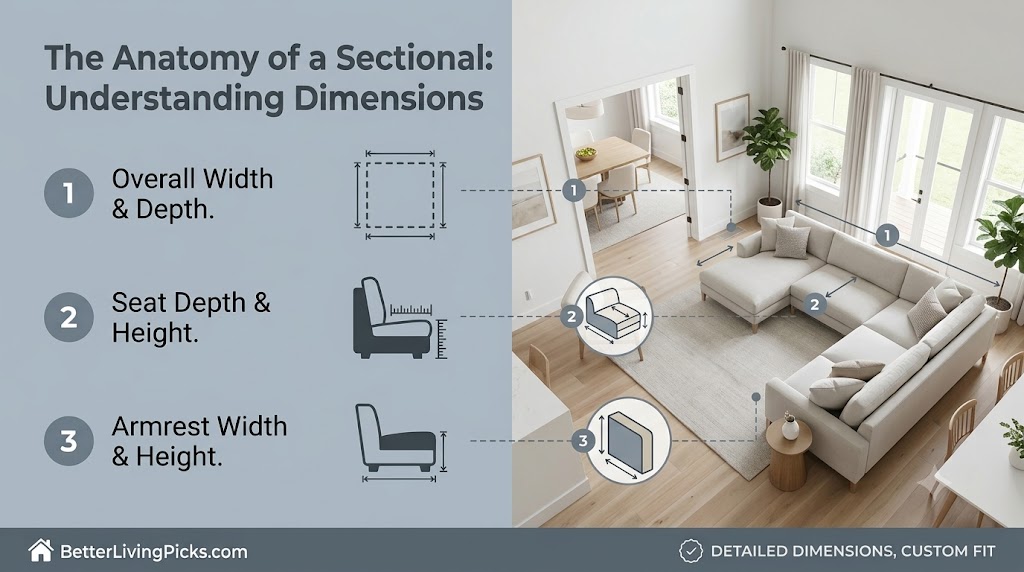 Modern living room featuring a sectional sofa with technical dimension callouts, length, depth, and height indicators on a light slate-gray infographic panel.
