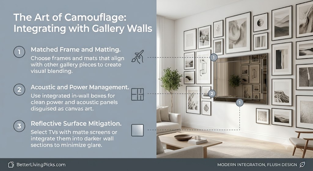 Modern living room featuring a flat-screen television seamlessly integrated into a symmetrical gallery wall of framed art prints.