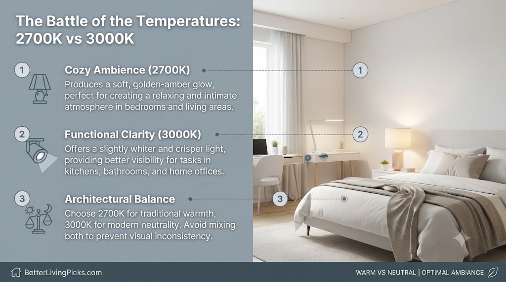 Split-screen bedroom comparison infographic detailing the visual differences between 2700K warm and 3000K soft white lighting.