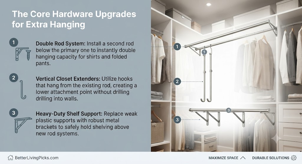 Modern reach-in closet featuring a split-screen design with hardware upgrade steps on the left and a double-rod system installation on the right.